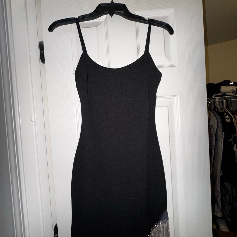 City Studio Black Asymmetrical Dress with Beaded Fringe